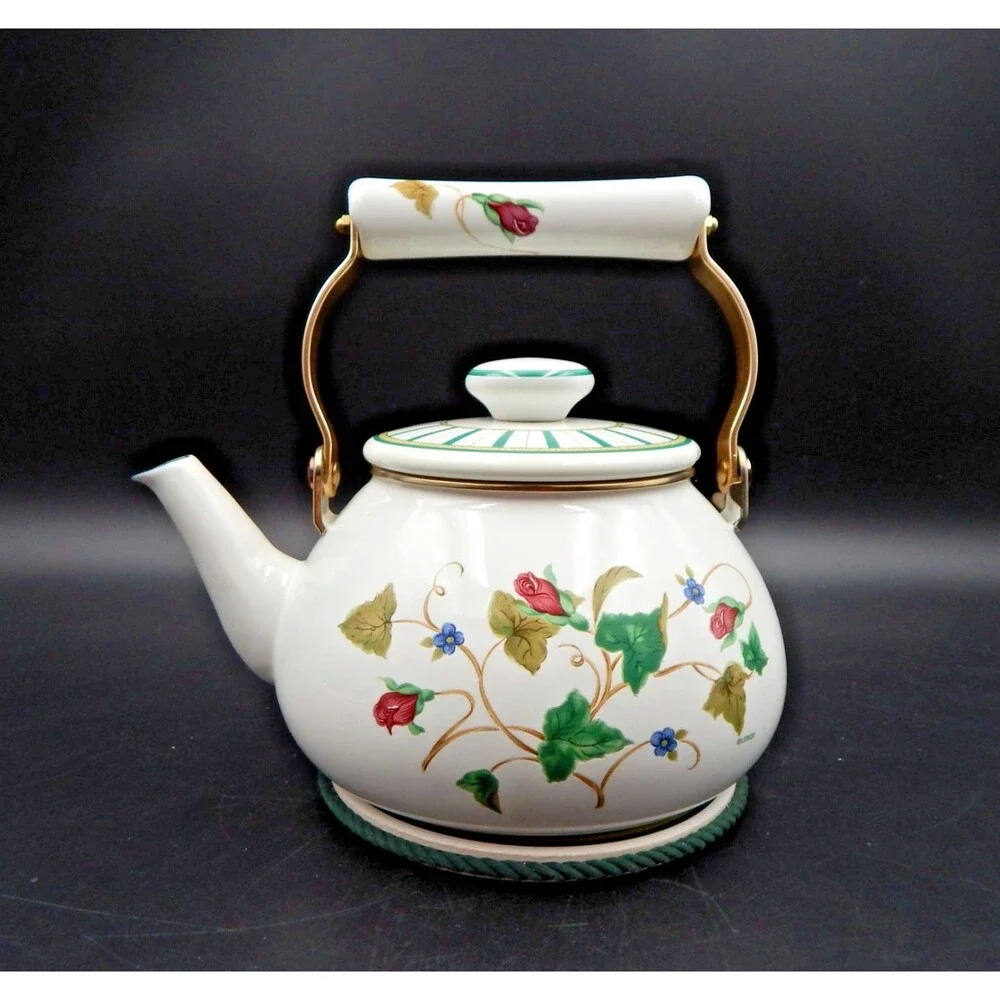 Lenox Casual Images Summer Terrace Enamel Metal Tea Kettle And Ceramic Trivet